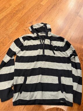 French Connection Black and Gray Striped Half-Zip Hoodie